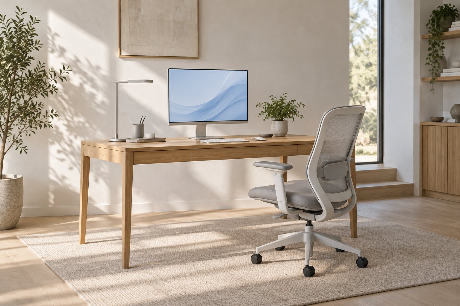Escena conceptual de una oficina luminosa con escritorio de madera y silla de malla